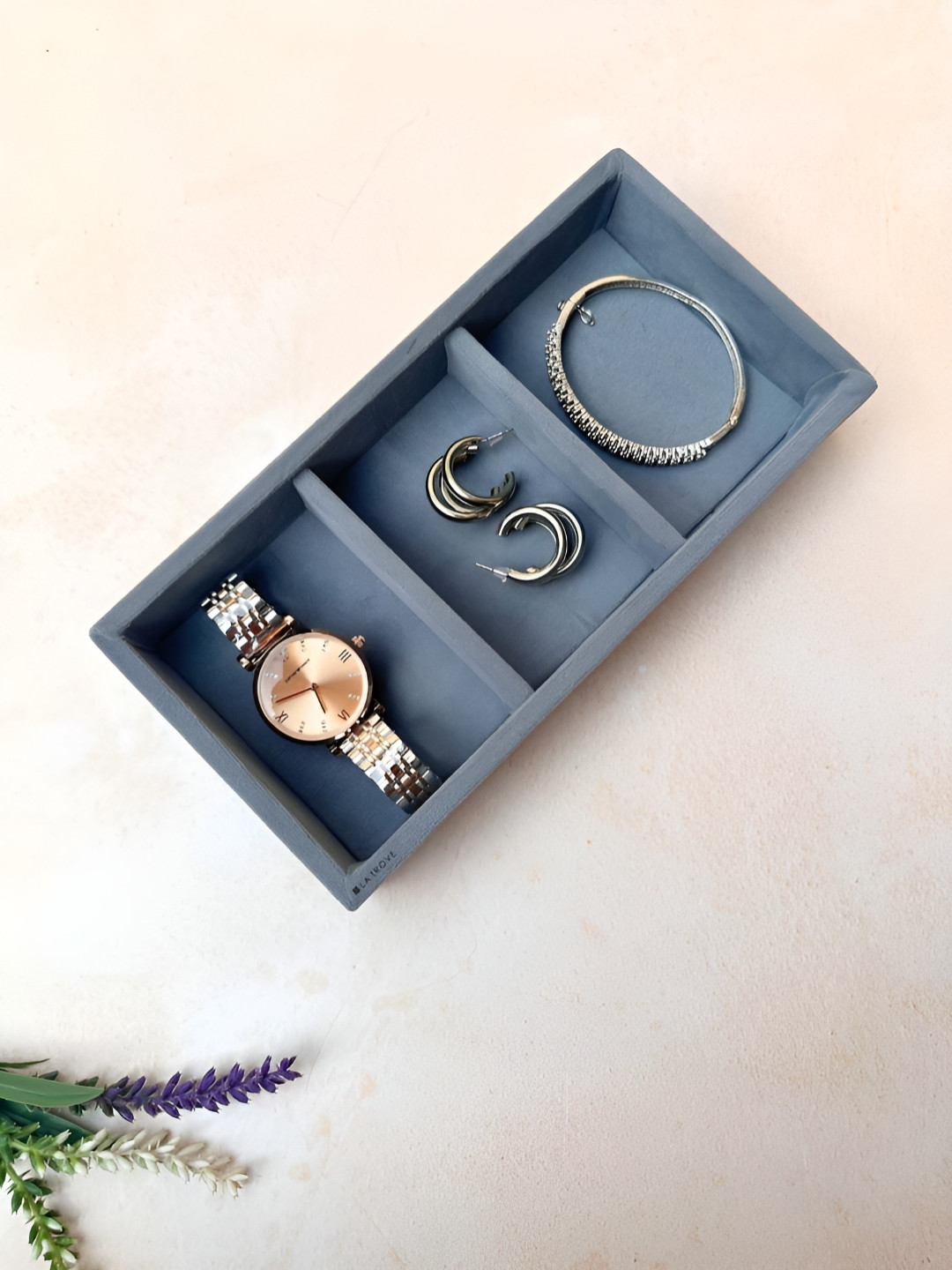 La Trove 3 Grid Grey Mini Velvet Jewellery Organizer Tray