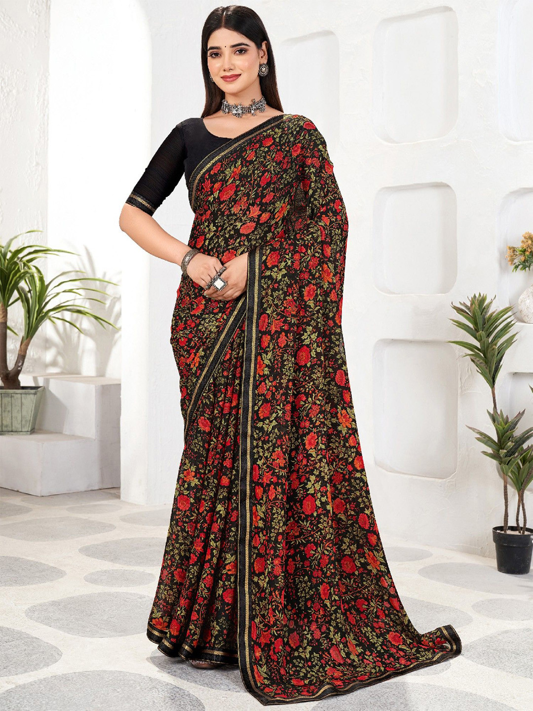 Pandadi Saree Floral Printed Pure Chiffon Sarees With Embellished Border