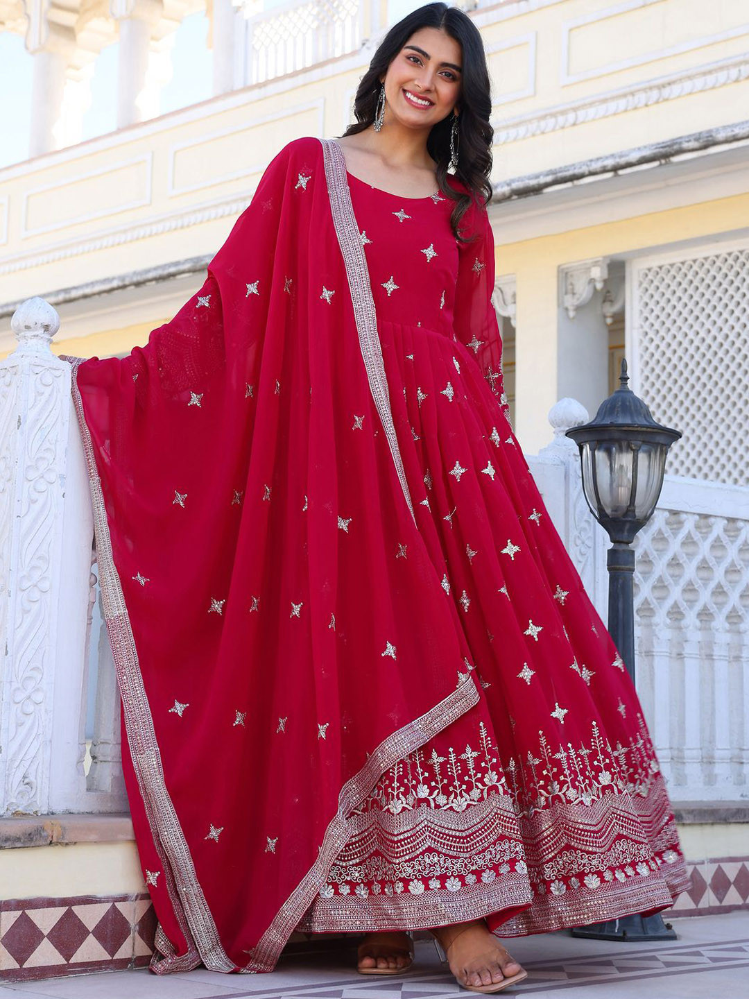 KALINI Floral Embroidered Sequinned Georgette Anarkali Kurta With Ttrousers & Dupatta