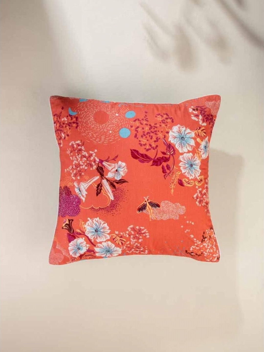 FREEDOM TREE Moonflower Coral & White Floral Printed Cotton Square Cushion Cover