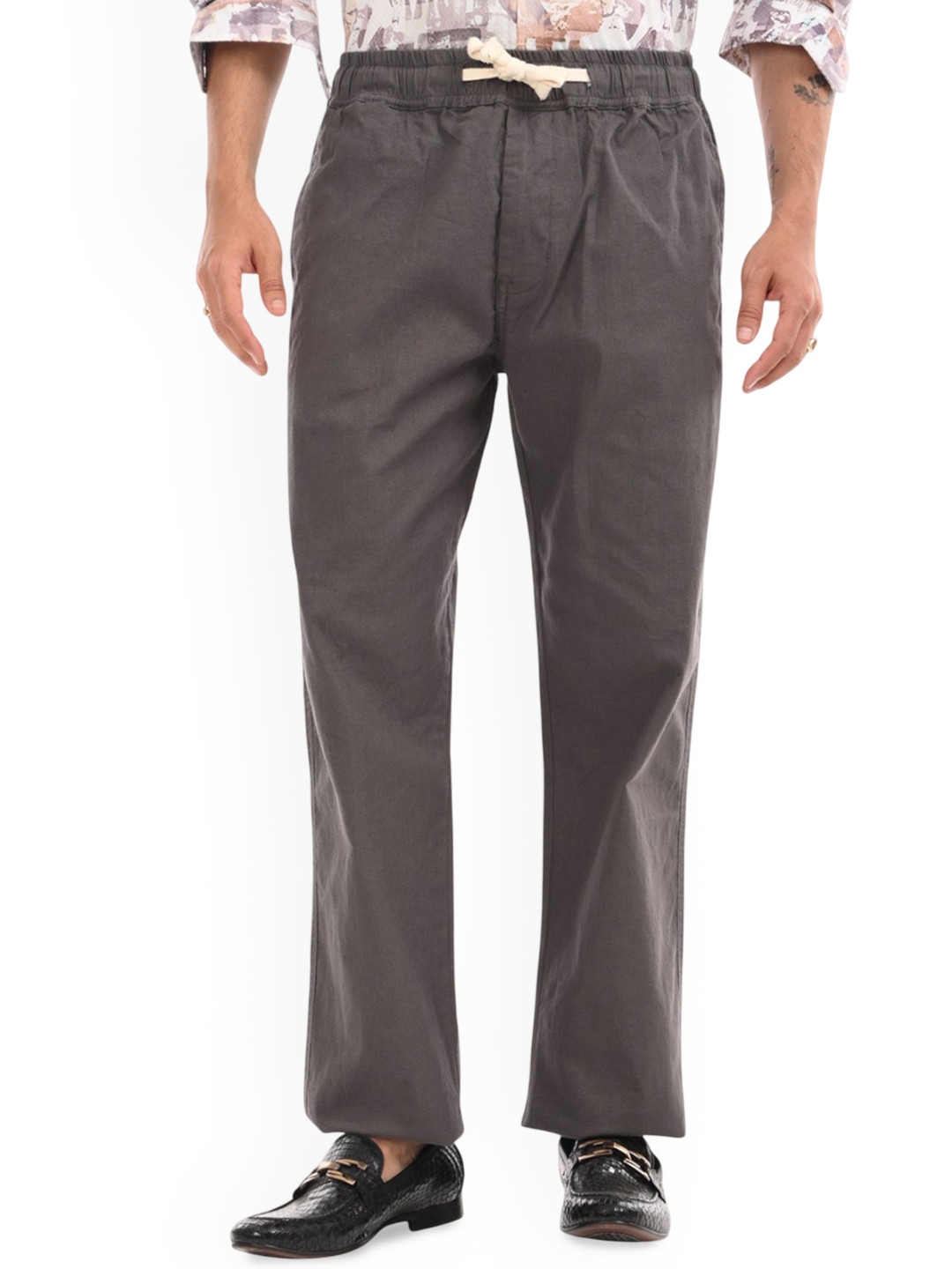 Estilocus Men Olive Green Linen Blend Straight Fit Trouser