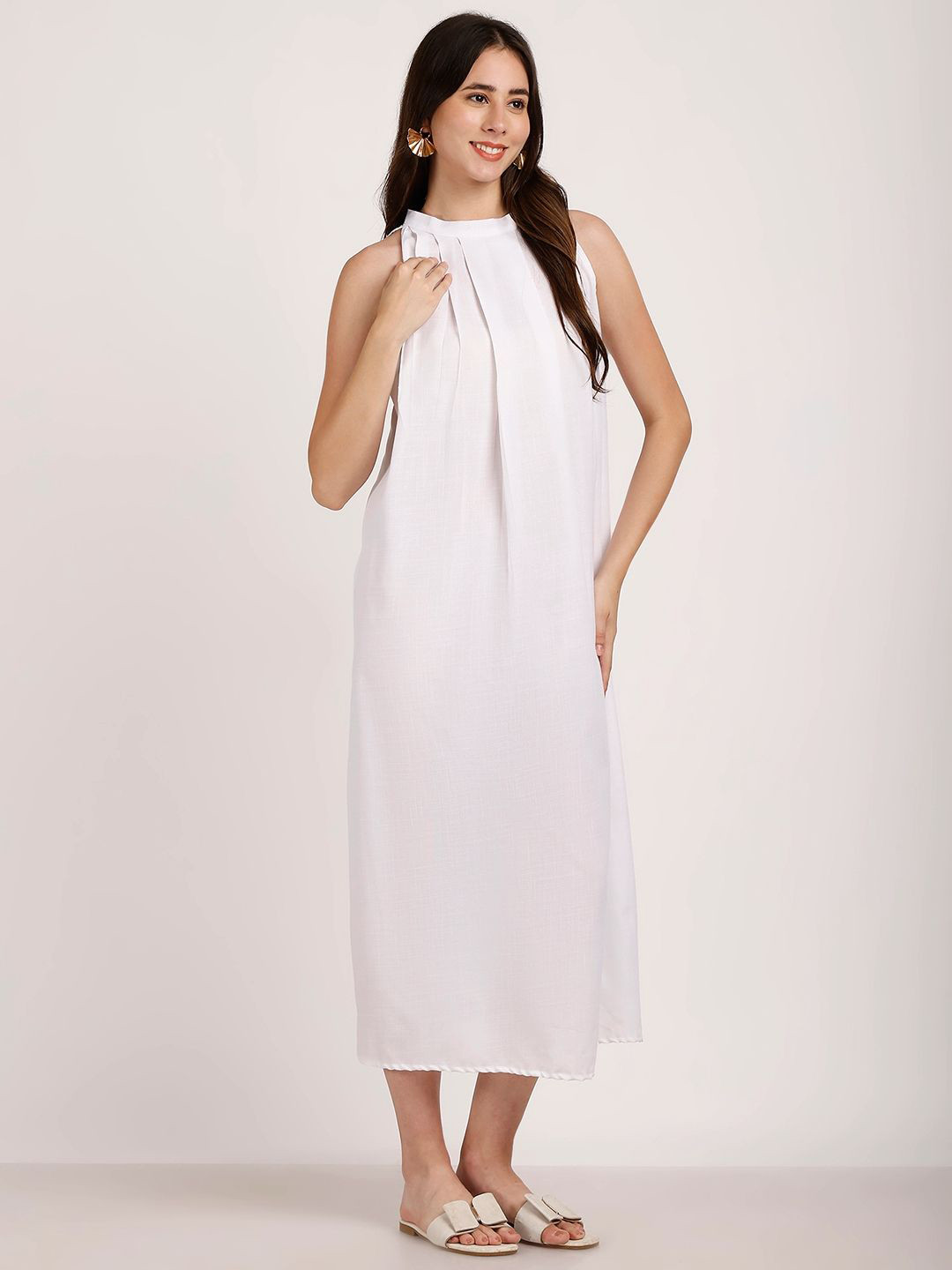 Aoba Women White Flit & Flare Midi Dress