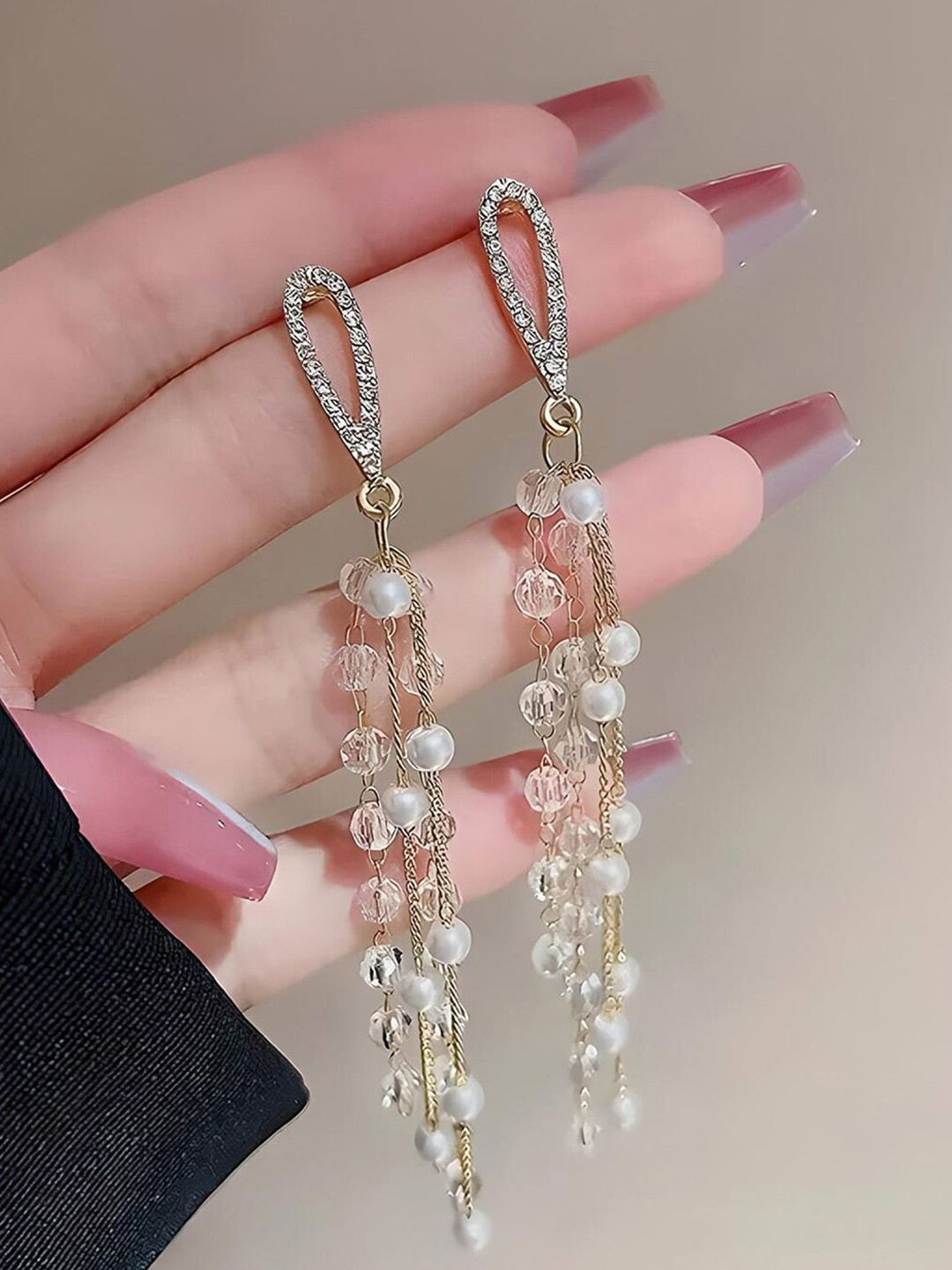 BEYTER Sterling Silver Crystal Studded & Pearls Beaded Korean Contemporary Drop Earrings