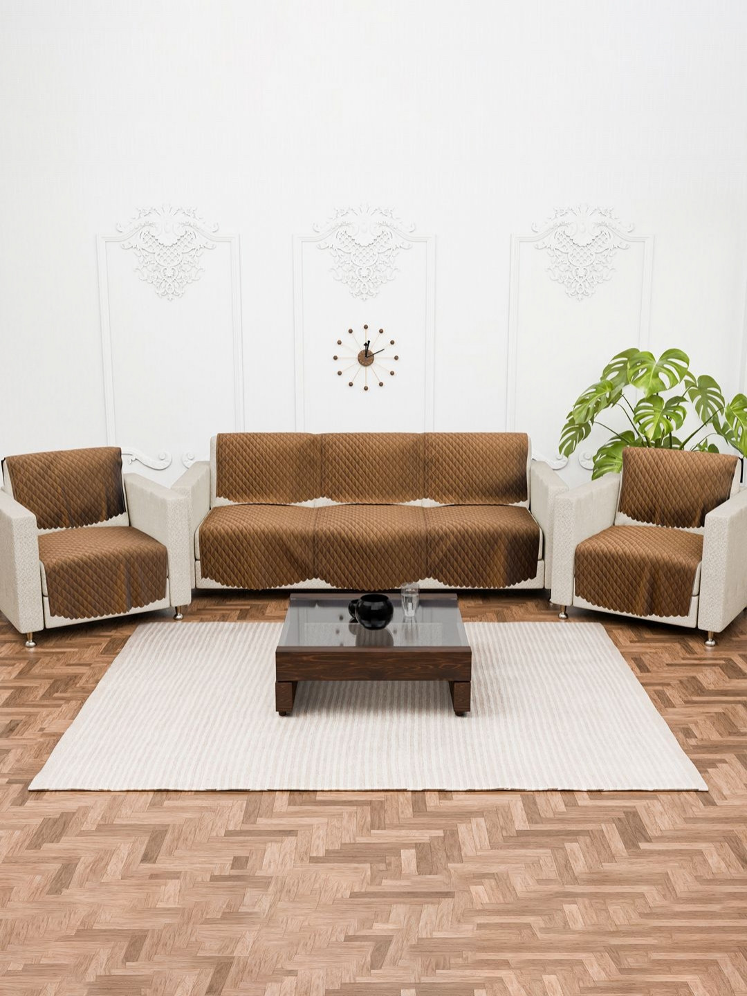 RUBOXA Brown 10 Pieces Self Design Velvet 5 Seater Sofa Covers