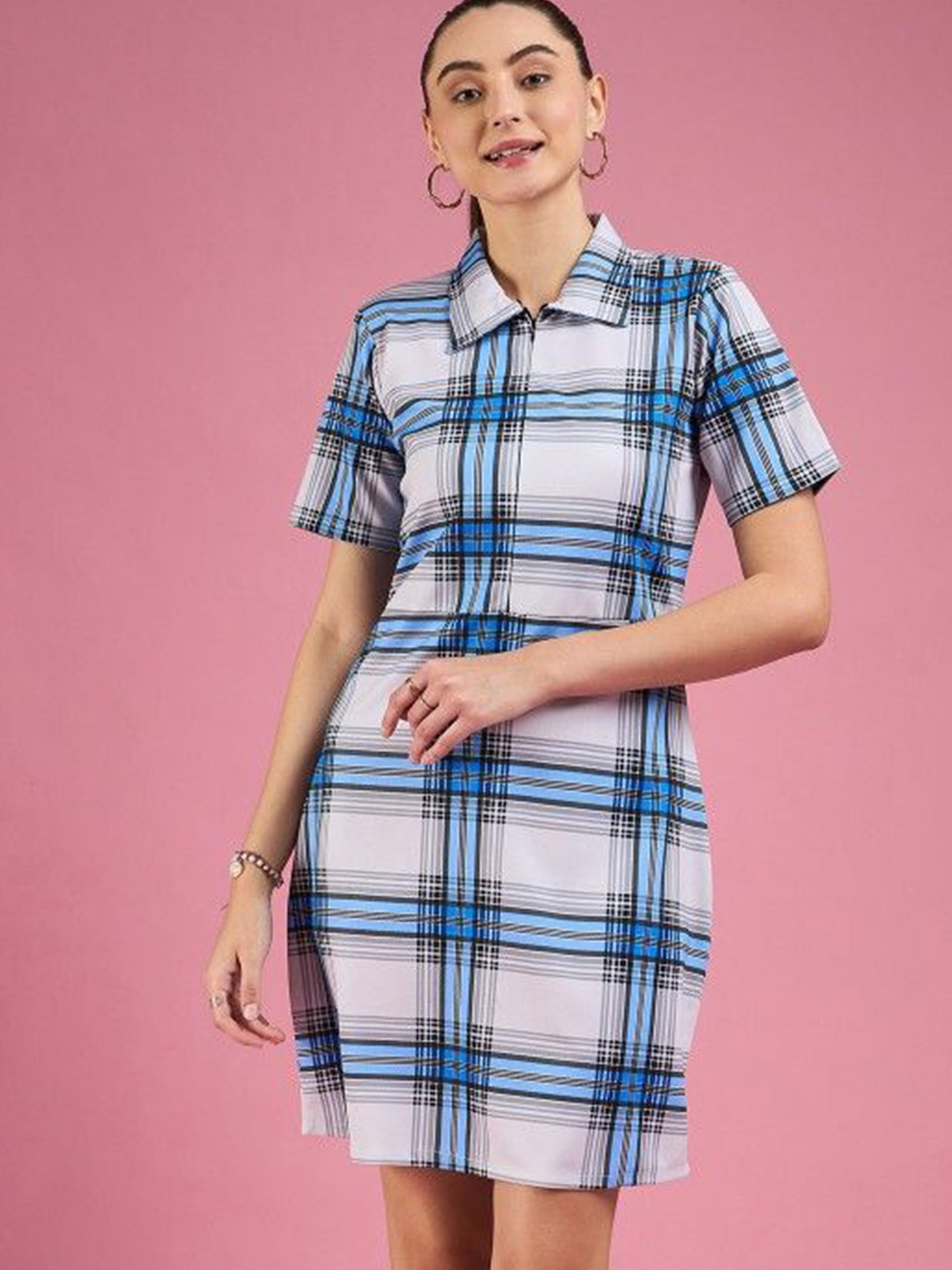 DressBerry Women Checked Shirt Collar Shift Dress
