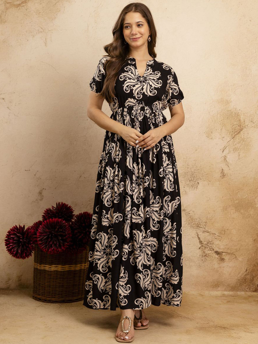 PURSHOTTAM WALA Floral Printed Mandarin Collar Maxi Ethnic Dress