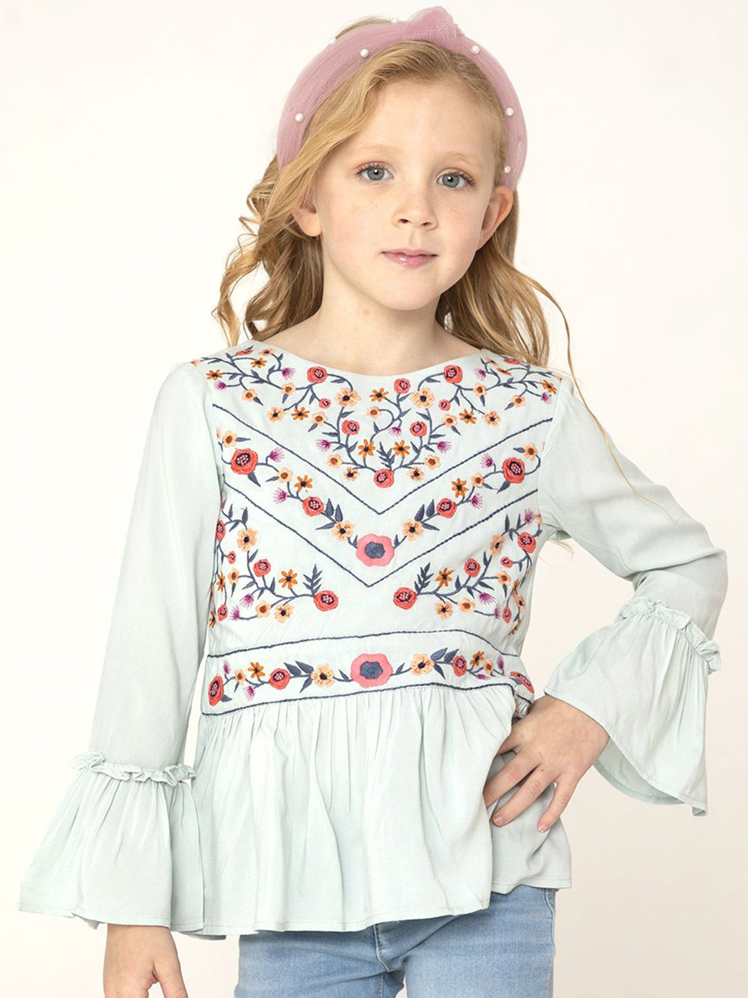 Cherry Crumble Girls Floral Embroidered Boat Neck Bell Sleeve Cotton Peplum Top