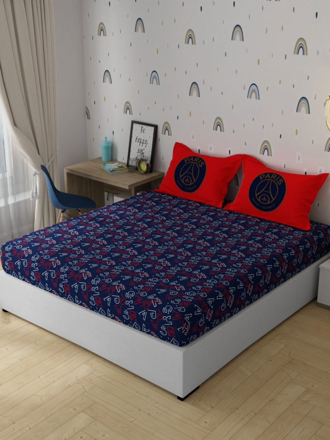 Portico License PSG Blue Printed Cotton 152 TC King Bedsheet Set 2.24m X 2.74m