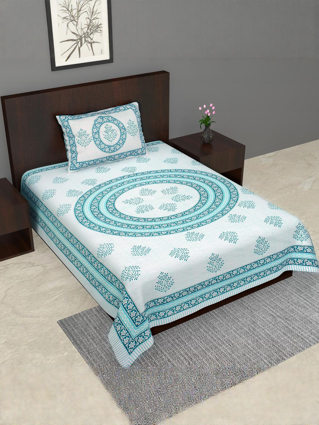 Salgia Blue Floral 144 TC Single Bedsheet With 1 Pillow Covers