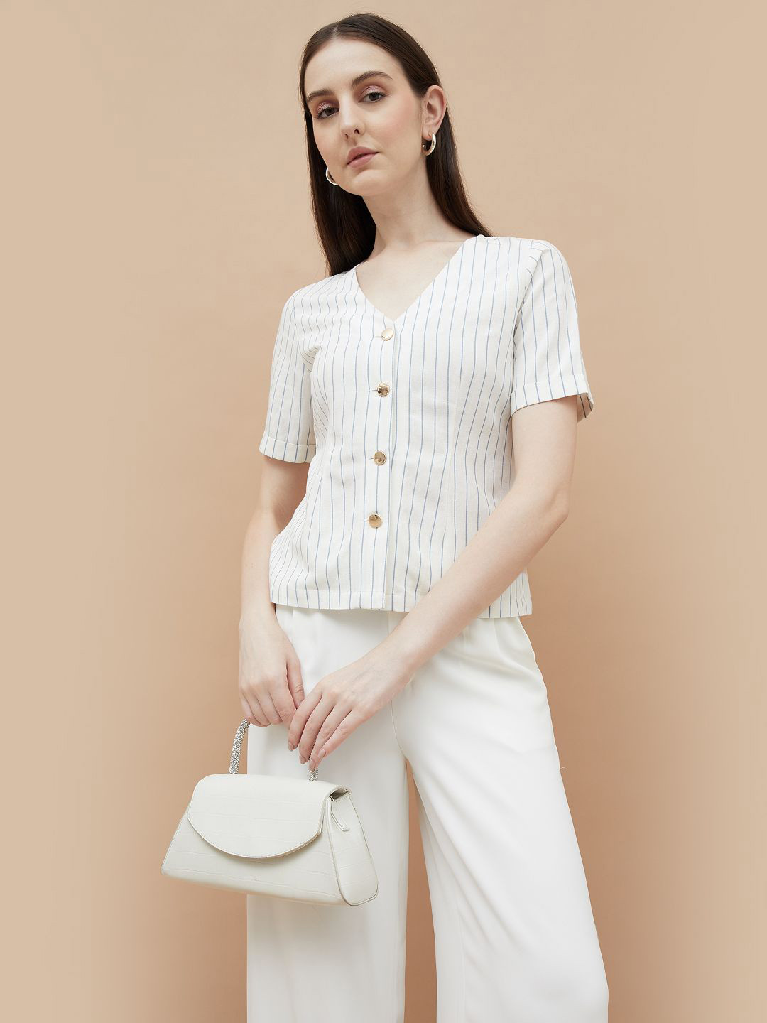 CODE by Lifestyle Women Vertical Stripes V-Neck Top