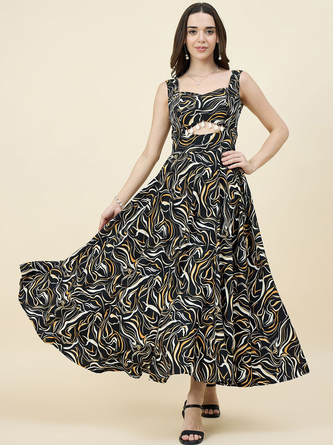 aayu Printed Crepe Shoulder Straps Fit & Flare Maxi Dress