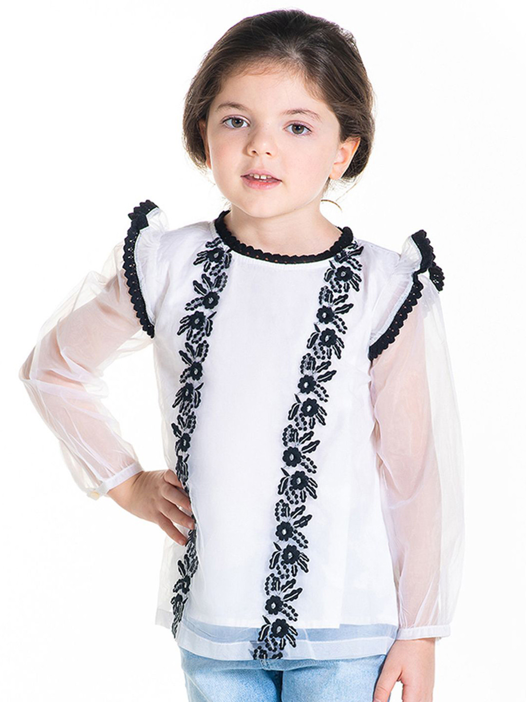Cherry Crumble Girls Floral Embroidered Styled Back Top