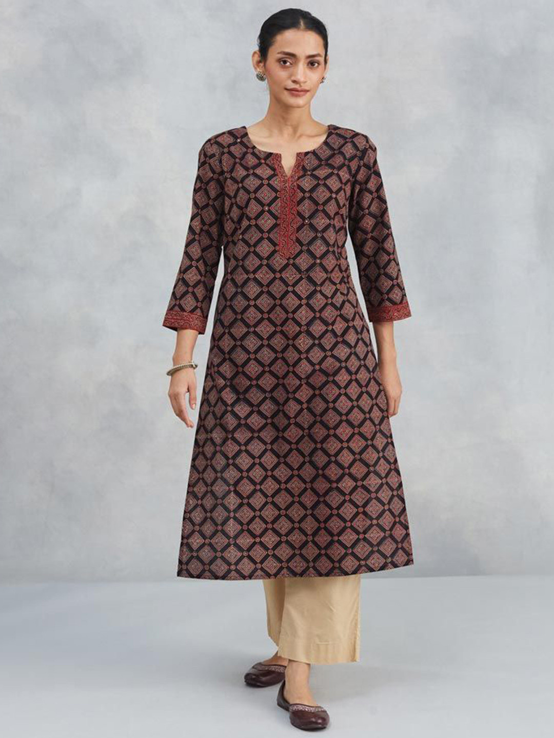 Fabindia Cotton Ajrakh Floral Printed Notch Neck A-Line Kurta