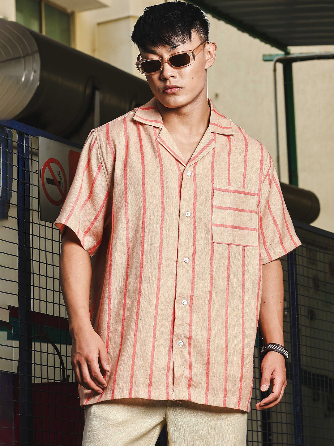 House of Koala Unisex Original Relaxed Fit Vertical Striped Linen Casual Shirt