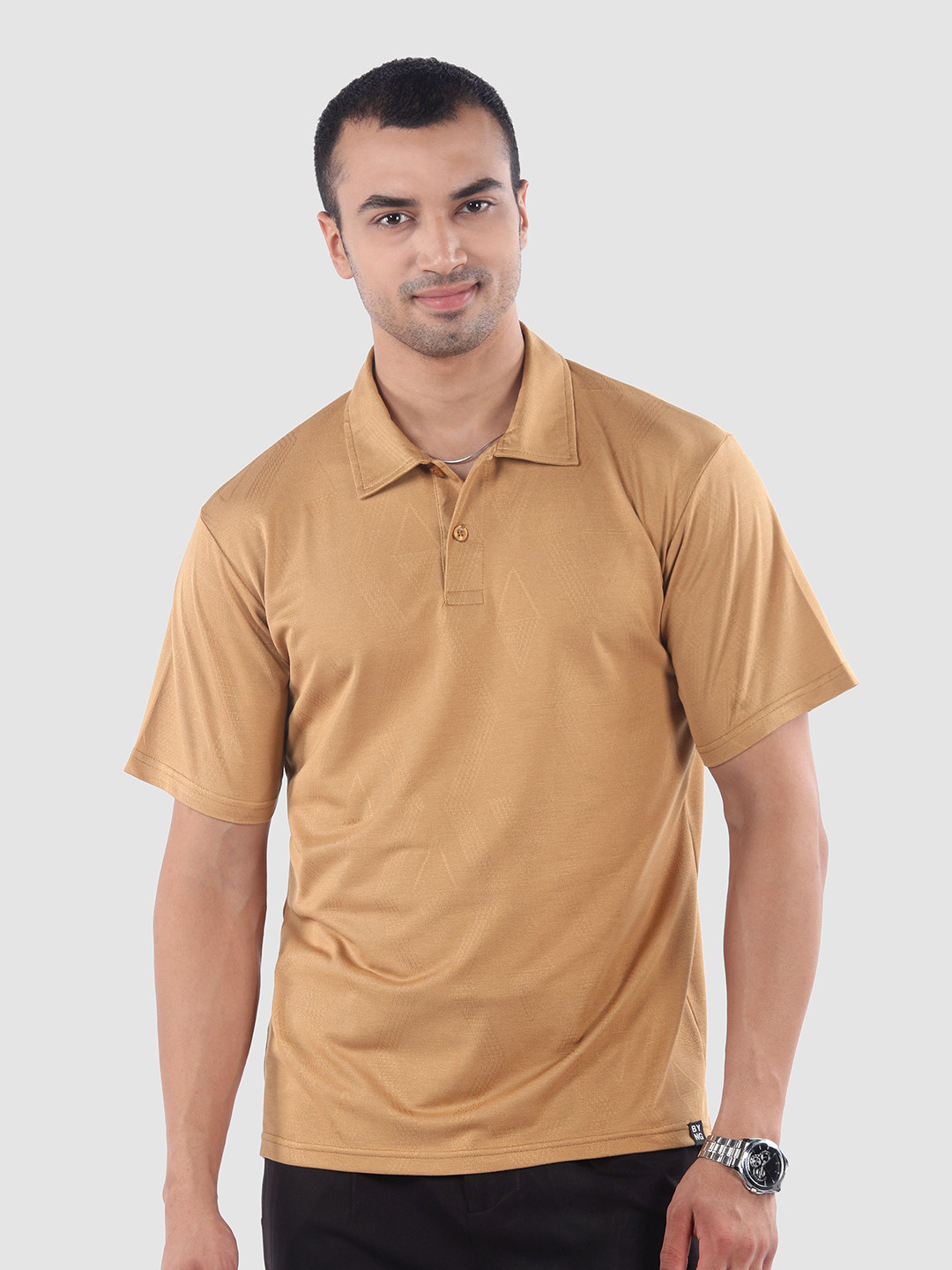 Beyoung Geometric Self Design Polo Collar T-shirt