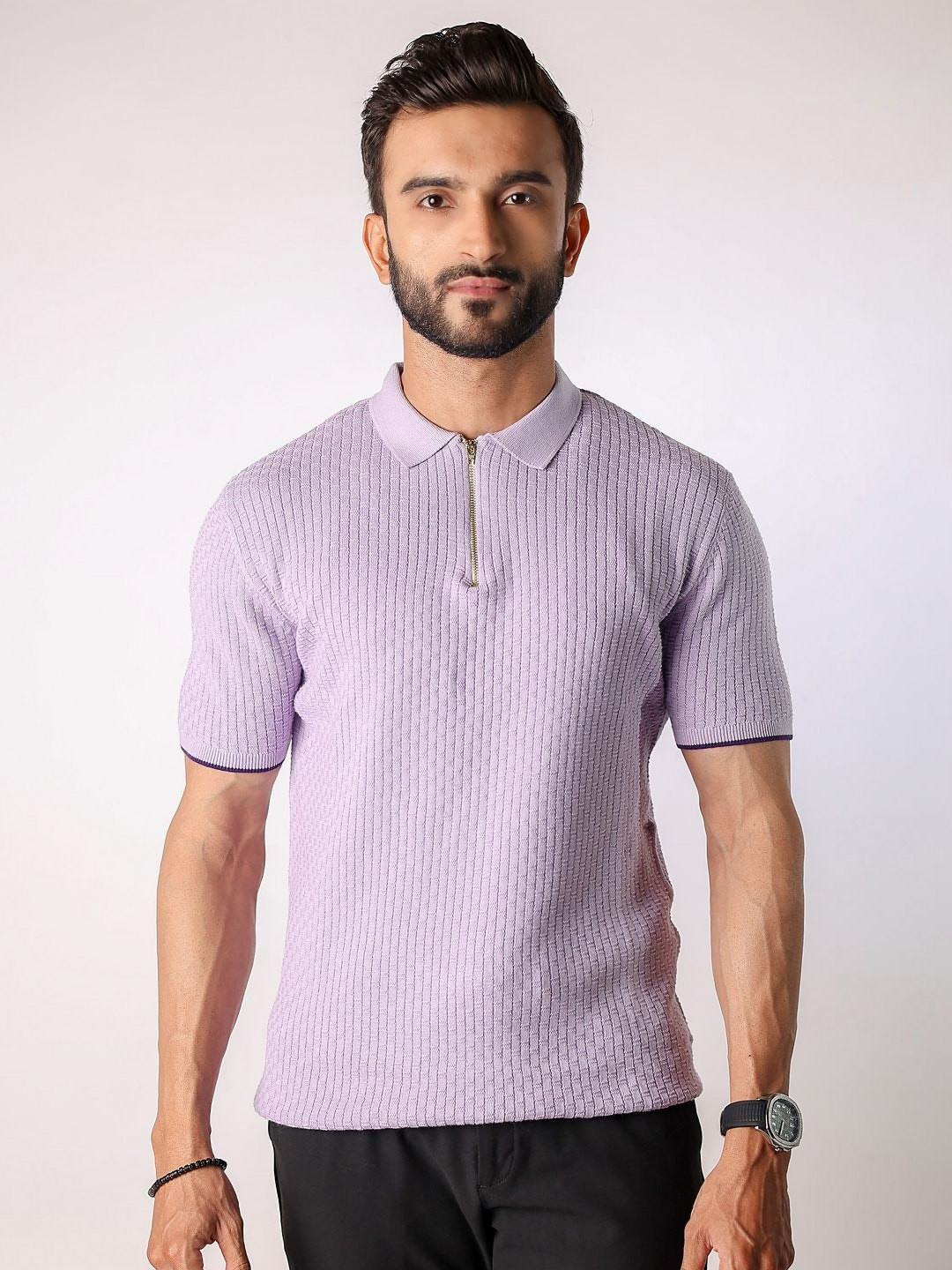 Loopers Self Design Polo Collar Cotton T-shirt