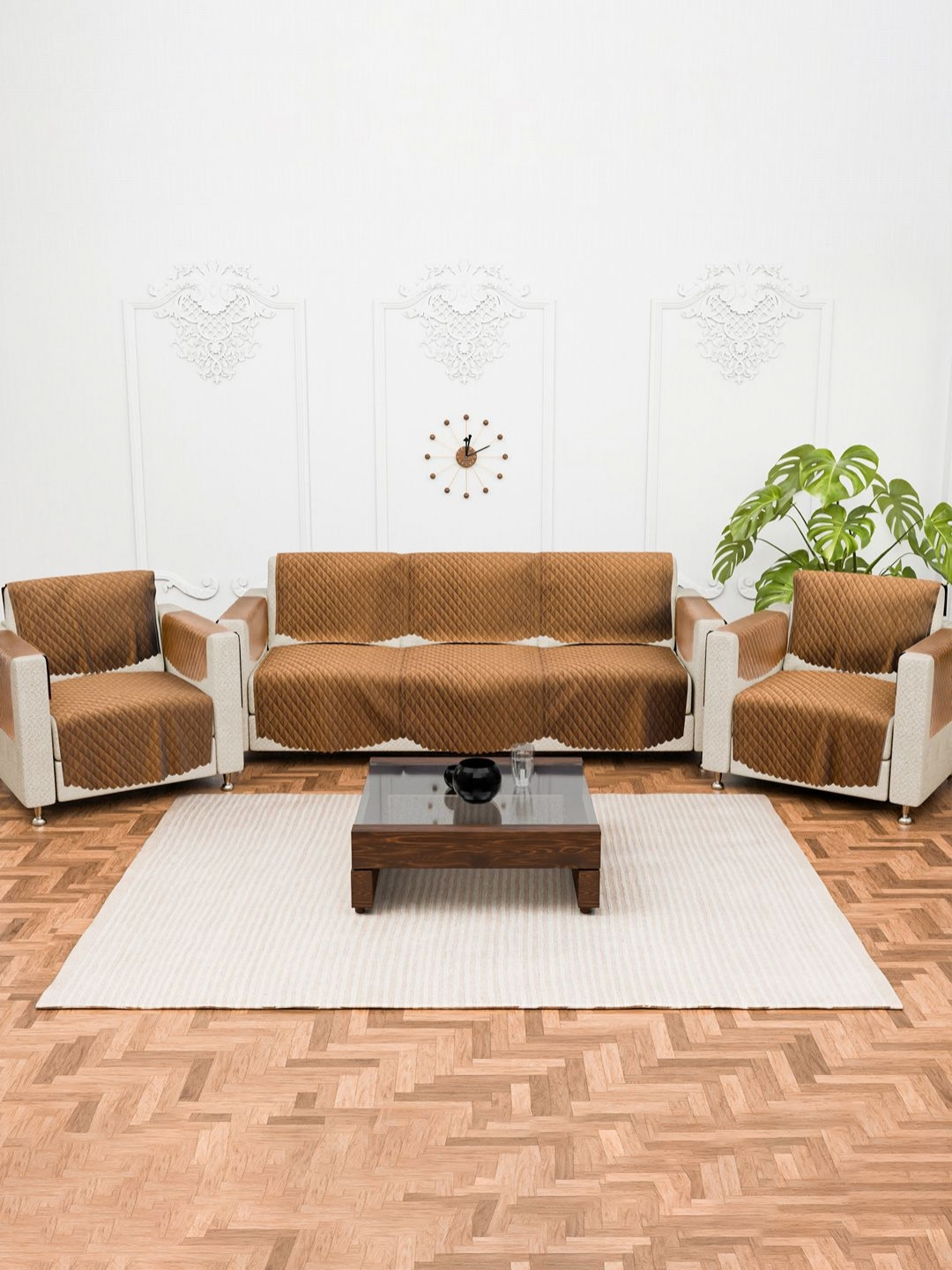 RUBOXA Brown 16 Pieces Self Design 5 Seater Sofa Covers With Arms