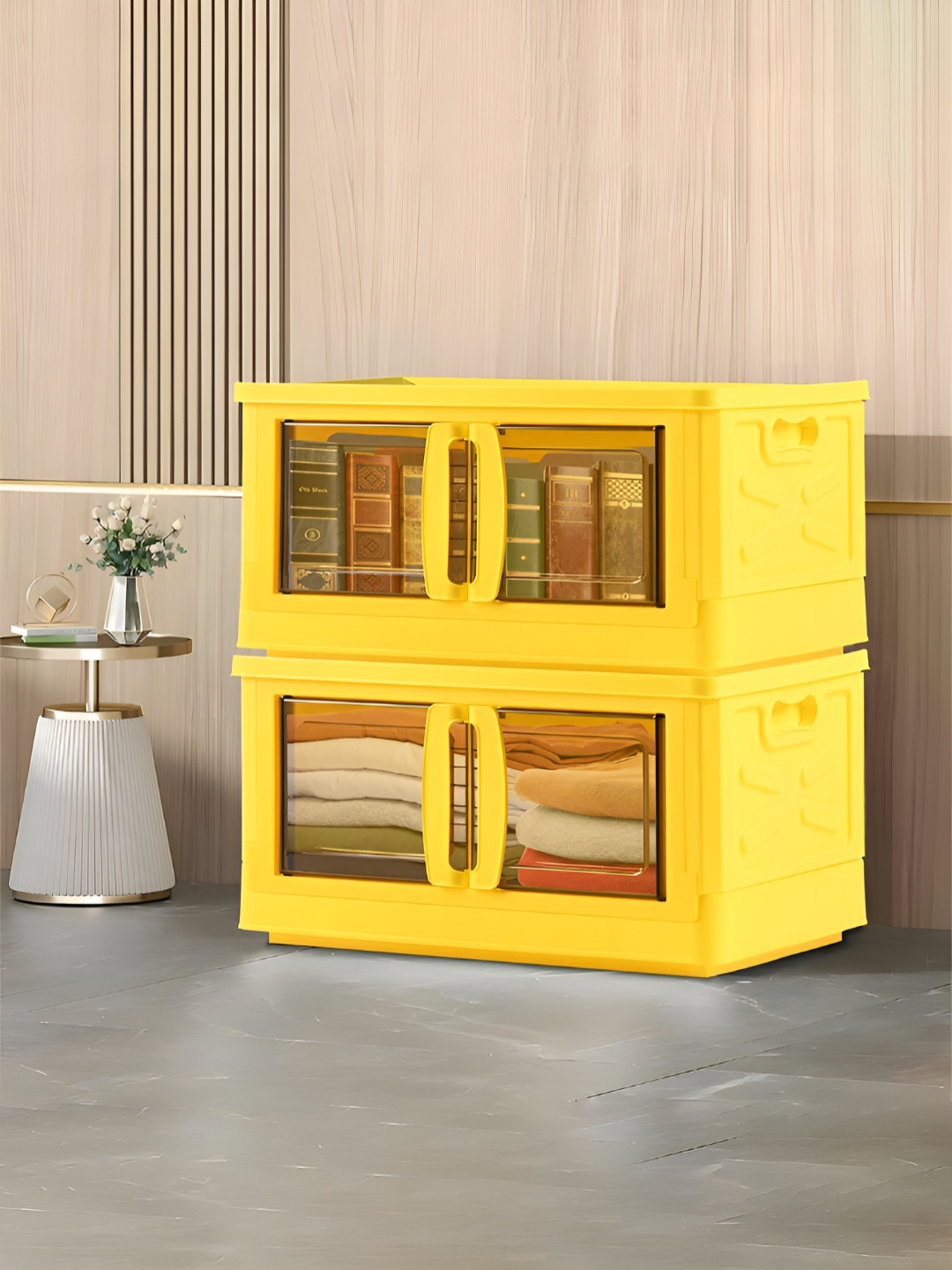 RUBOXA Yellow Textured 2 Units Drawer Organiser With Lid & Wheels