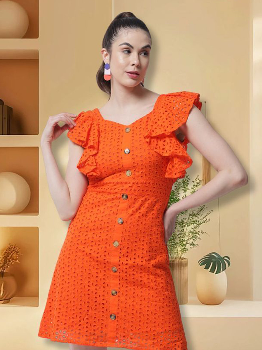 MARC LOUIS Women Embroidered Sweetheart Neck Schiffli Ruffled Flutter Sleeve Sheath Dress