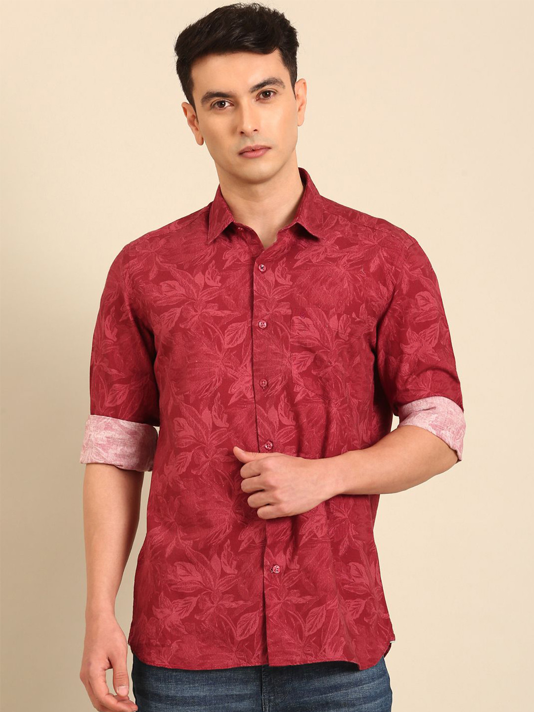 CAVALLO by Linen Club Regular Fit Floral Printed Long Sleeves Cotton Linen Shirt