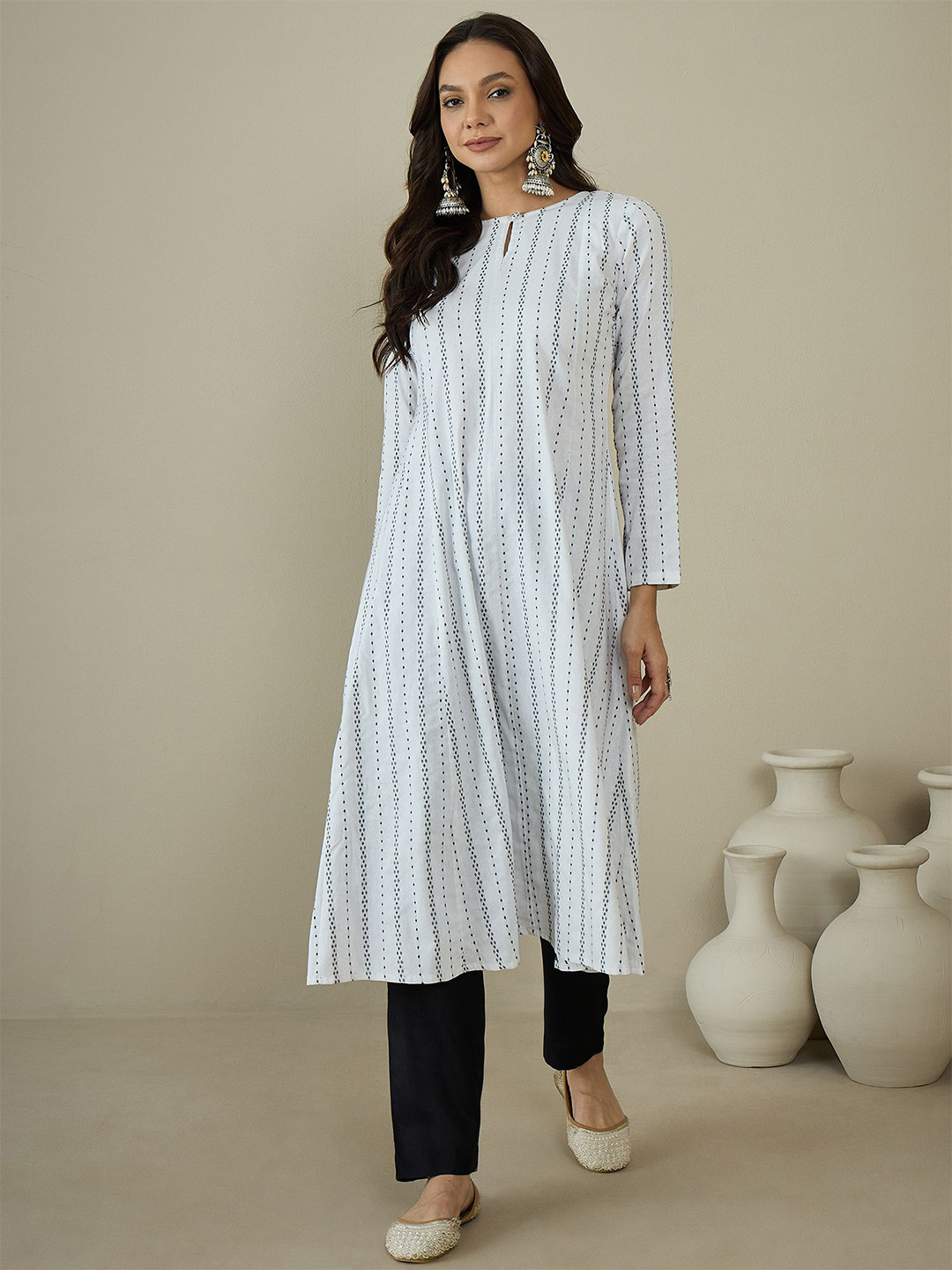 MASSTANI BY INDDUS Woven Design Keyhole Neck Cotton A-Line Kurta