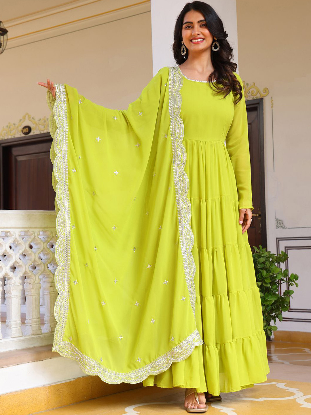 Wedani Empire Gotta Patti Georgette Anarkali Kurta With Trousers & Dupatta