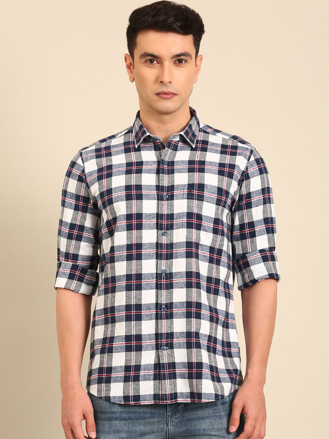 CAVALLO by Linen Club Regular Fit Windowpane Checked Long Sleeves Cotton Linen Shirt