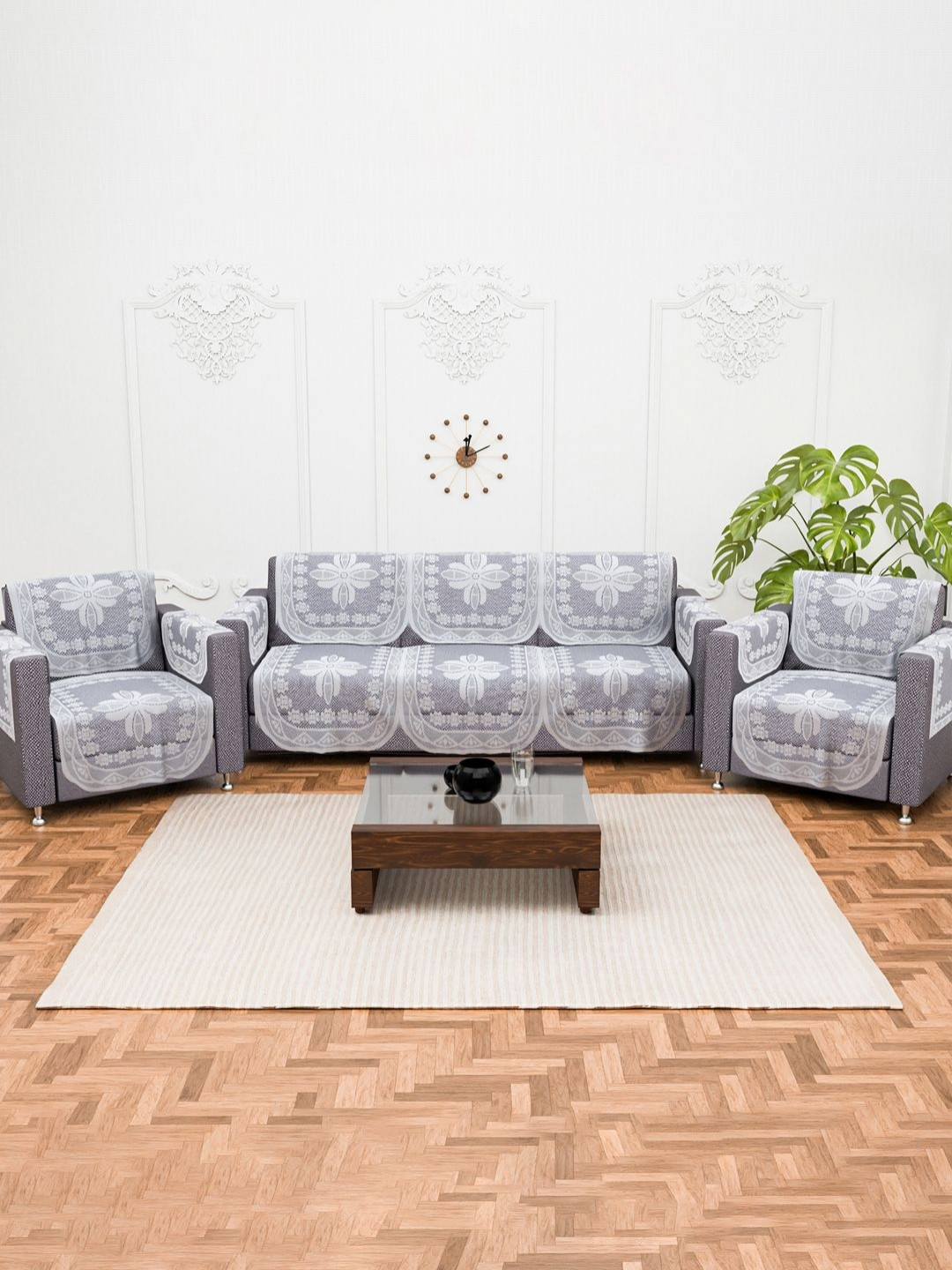 RUBOXA 16 Pieces White Cotton 5 Seater Sofa Cover With Arms