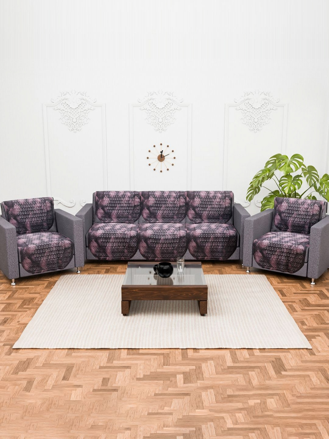 RUBOXA Brown & Black 10 Pieces Self Design Cotton 5 Seater Sofa Covers