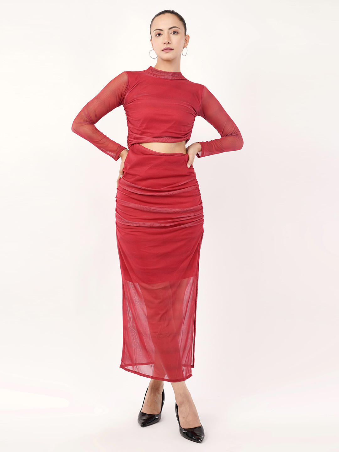 HIGH BUY Women Solid Choker Neck Net Bodycon Midi Dress