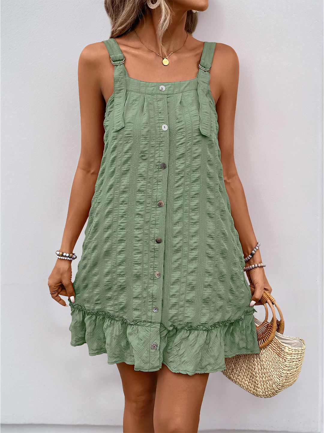 Green Sleeveless Solid Mini Dress with Flounce Hem