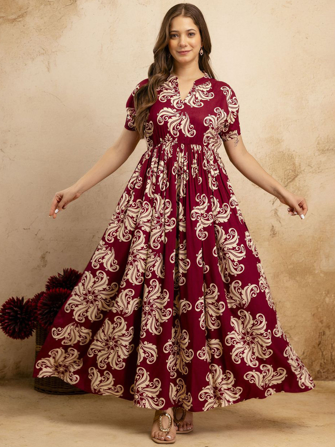 PURSHOTTAM WALA Floral Printed Mandarin Collar Maxi Ethnic Dress