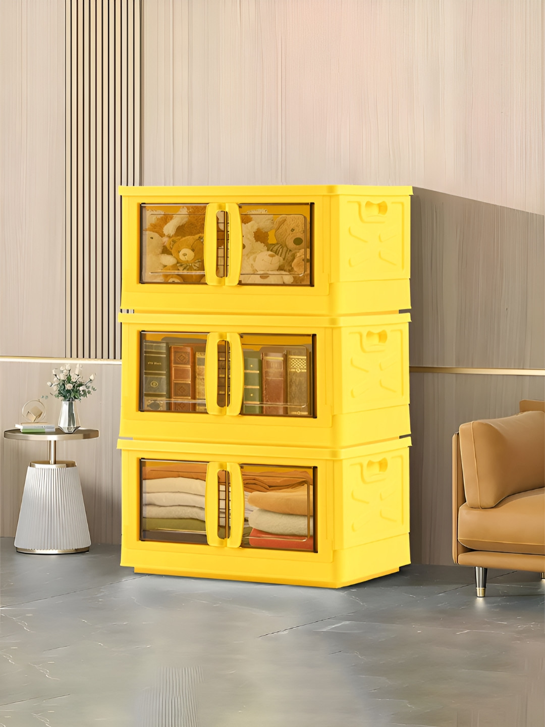 RUBOXA Yellow 3 Units Textured Drawer Organiser With Lid & Wheels