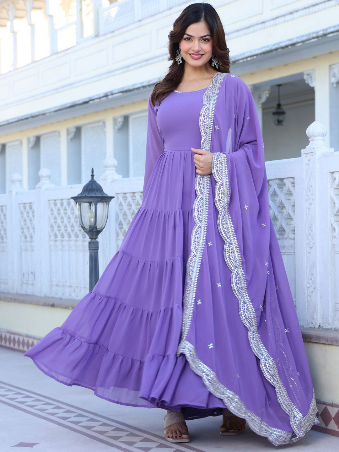 Wedani Georgette Layered Gotta Patti Round Neck Anarkali Kurta With Pyjamas And Dupatta