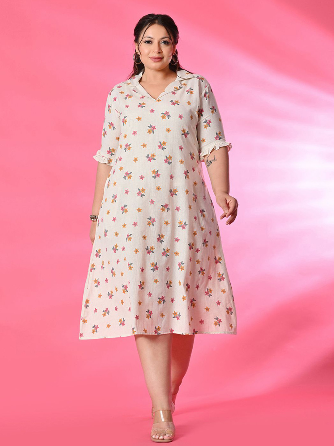 PrettyPlus by Desinoor.com Women Plus Size Floral Print A-Line Collared  Midi Dress