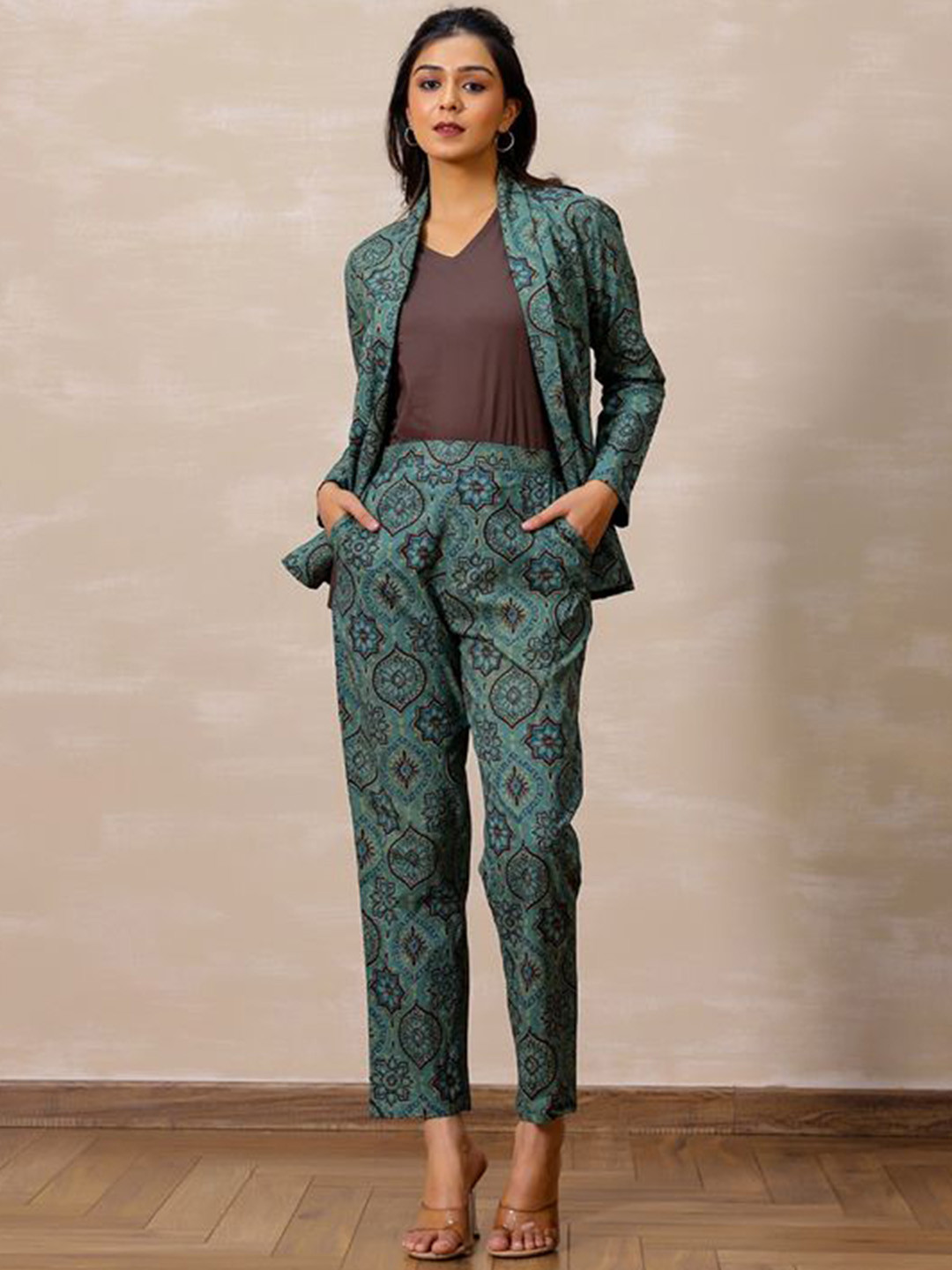 Vivika Ajrakh Printed Cotton Shawl Collar Blazer With Inner-Top & Trousers Co-Ords