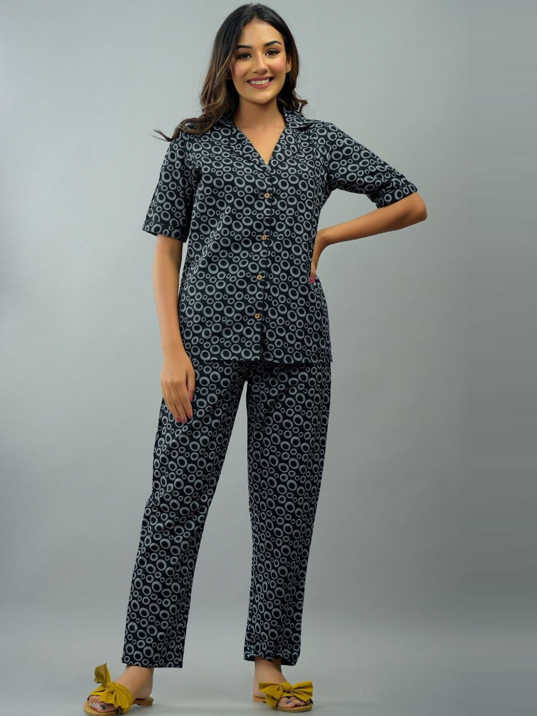 RAAKA Women Geometric Printed Shirt Collar Night suit