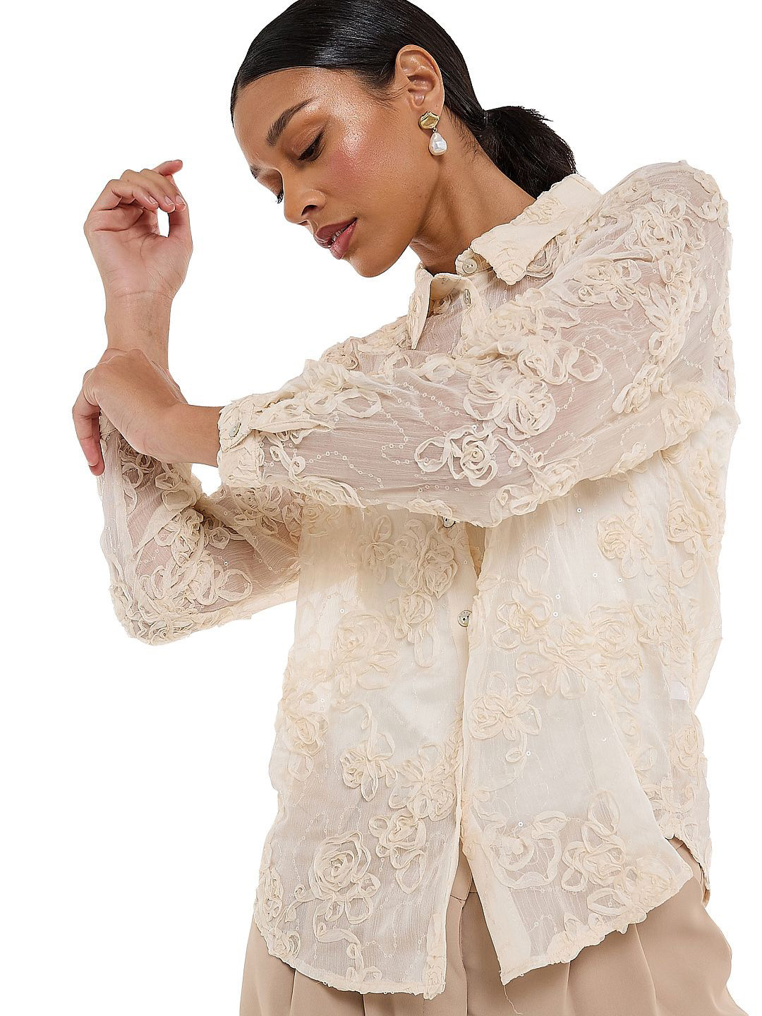 BCBG Floral Self Design Long Sleeves  Relaxed Fit Shirt