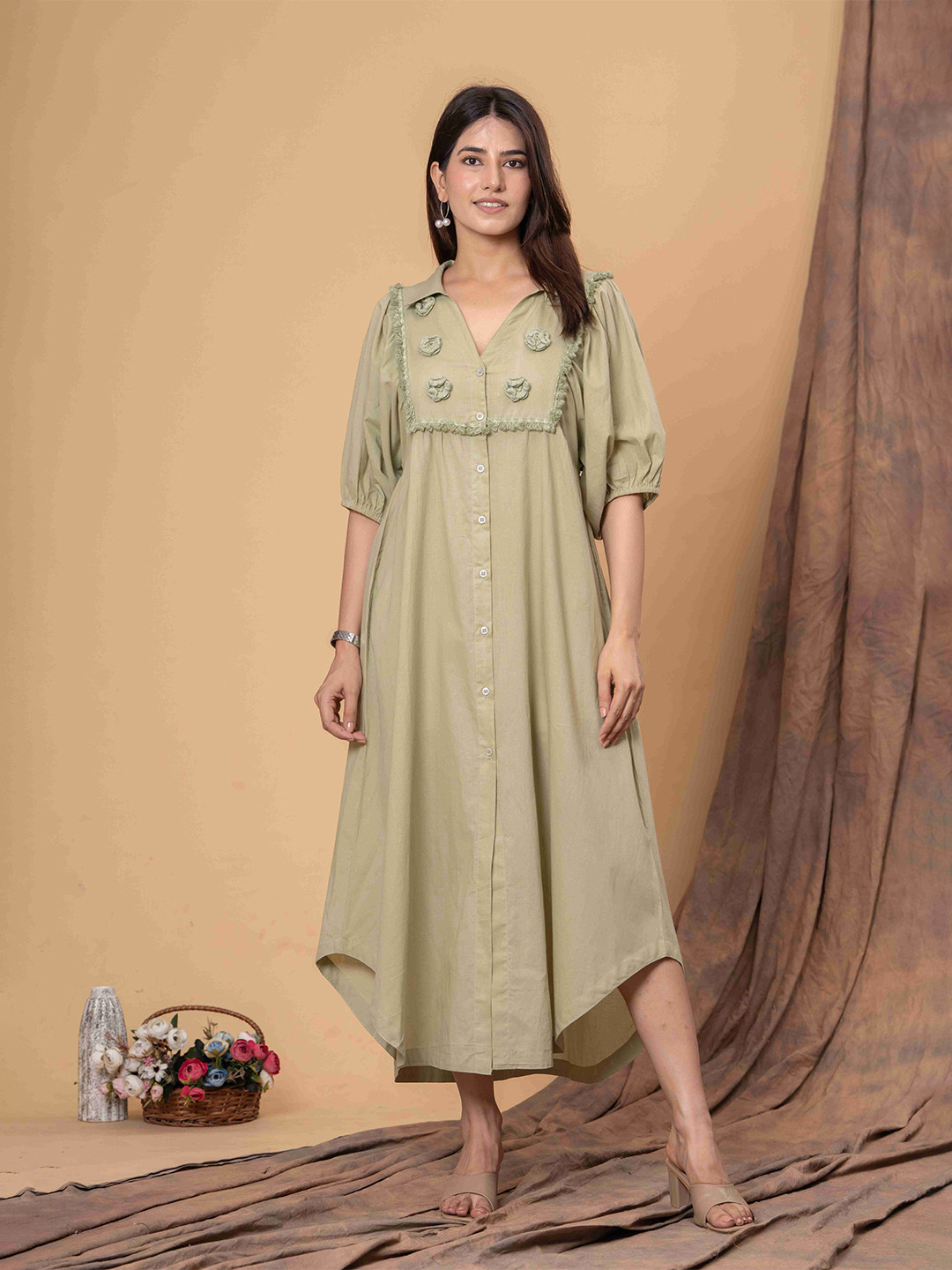 Sencei Applique Detail Cotton Shirt Midi Dress