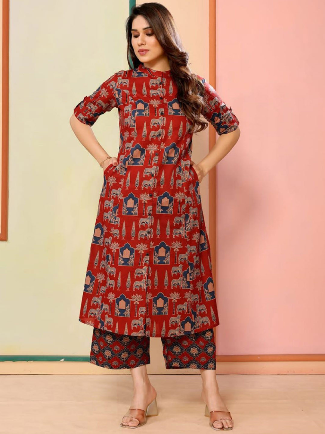 Charnest Ethnic Motifs Printed Mandarin Collar A-Line Kurta With Palazzos