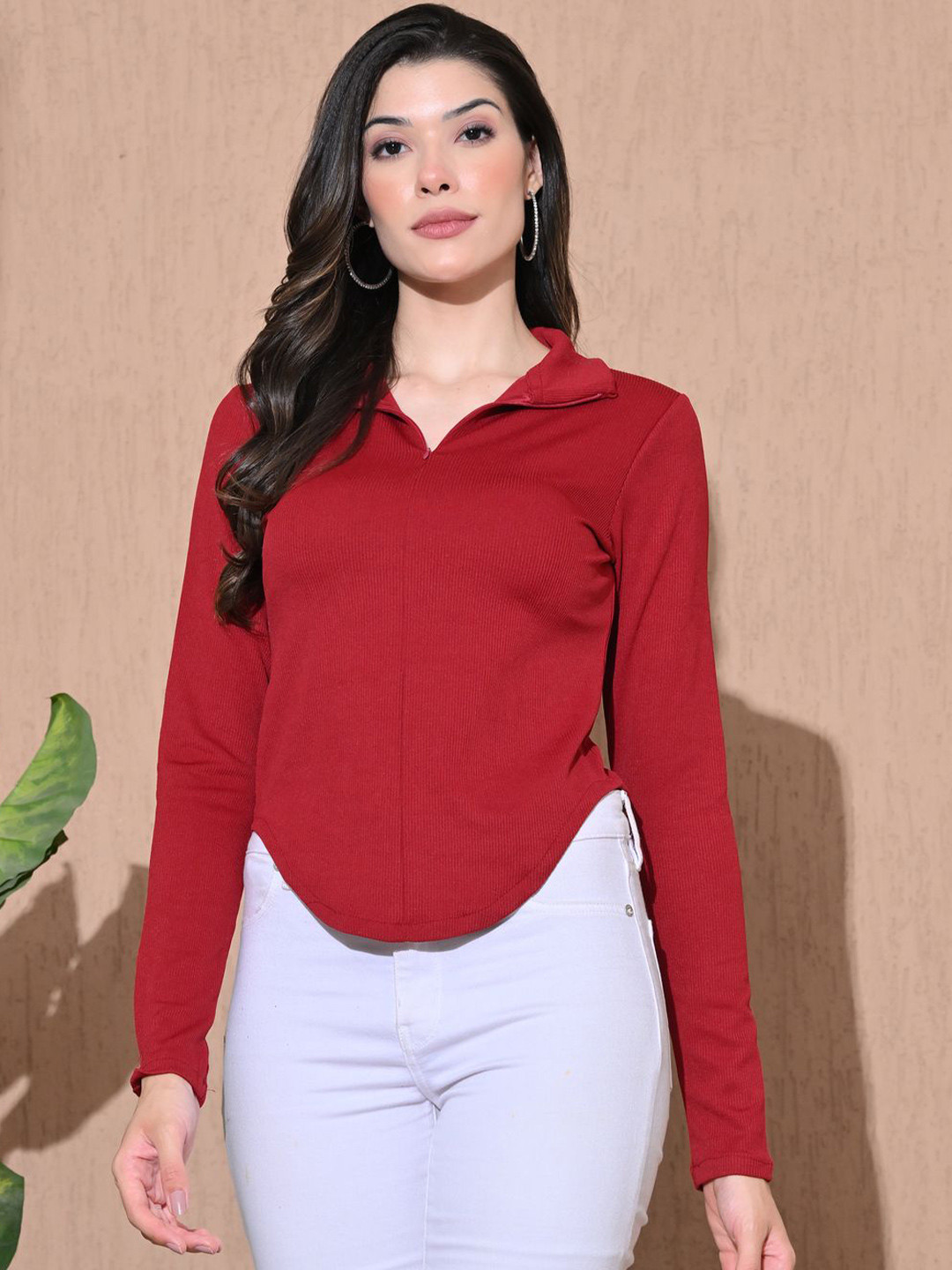 BAESD Women Ribbed Shirt Collar Regular Top
