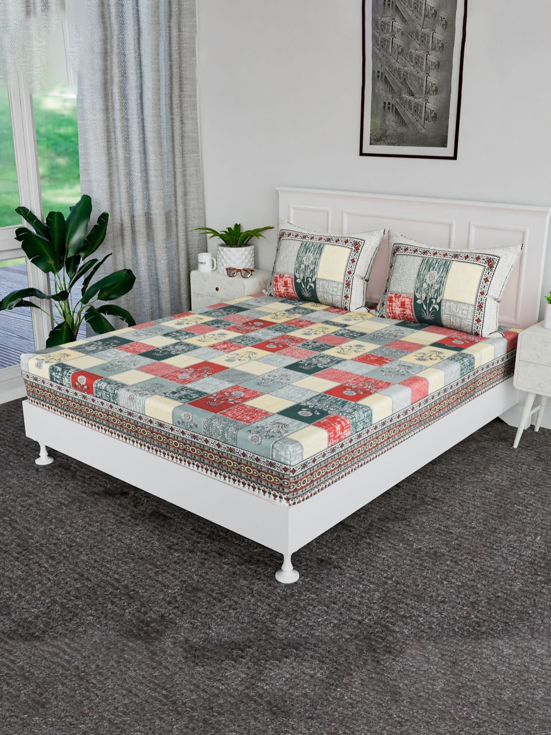 RUBOXA Candy Flower Green & Red Printed Cotton 144 TC King Bedsheet Set-2.72 m x 2.55 m