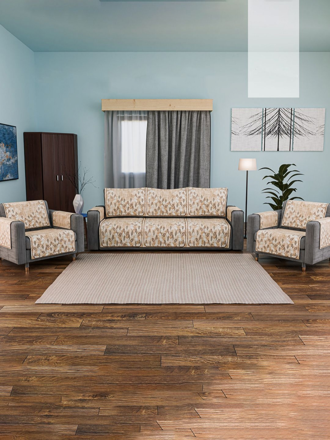RUBOXA 16 Pieces Brown Velvet 5 Seater Sofa Cover With Arms