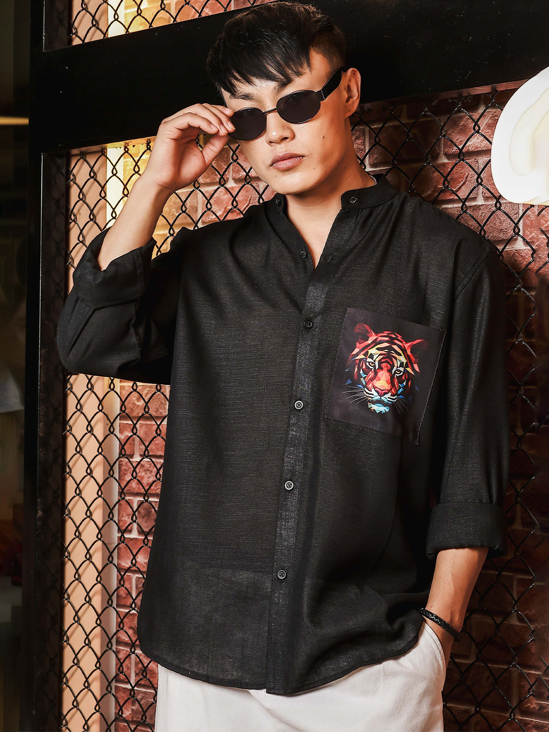 House of Koala Unisex Original Relaxed Fit Solid Band Collar Linen Casual Shirt