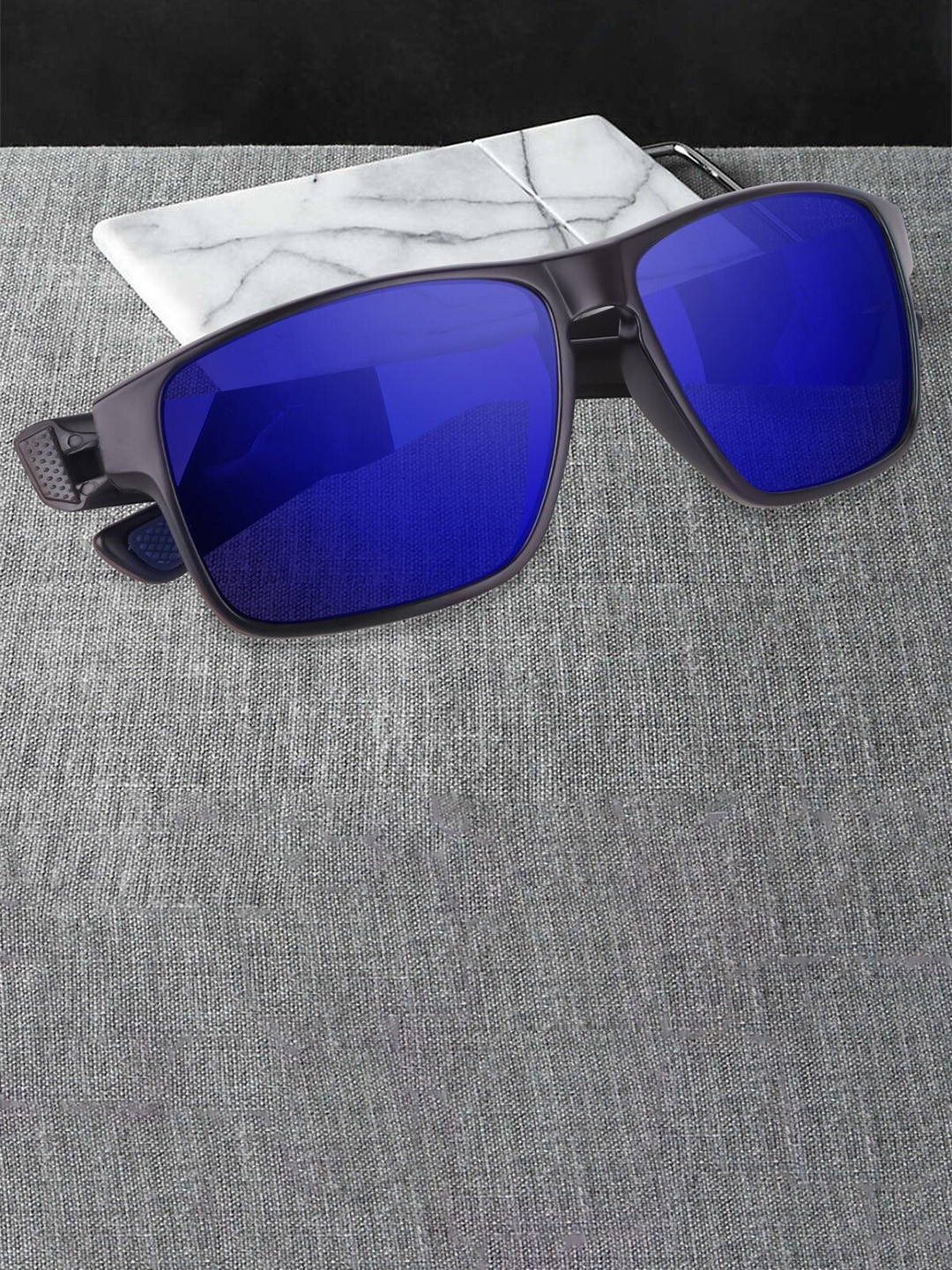 LEGEND EYEWEAR Unisex Blue Lens & Black Square Sunglasses with UV Protected Lens