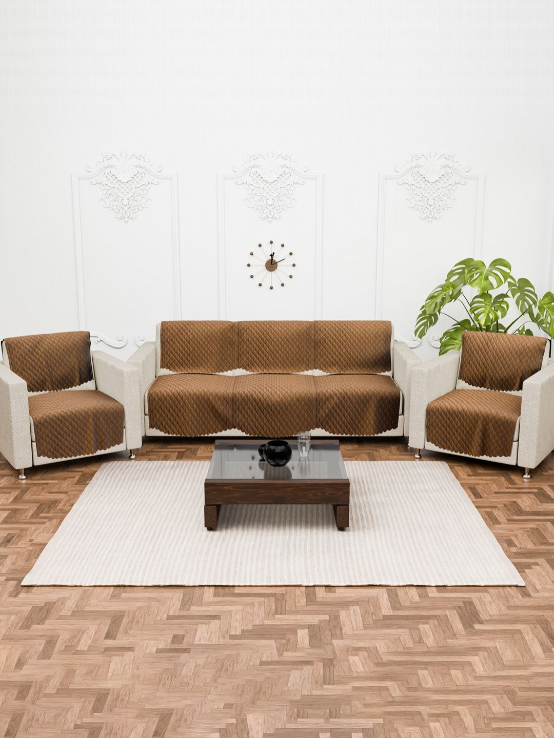 RUBOXA Brown 10 Pieces Self Design 5 Seater Sofa Covers