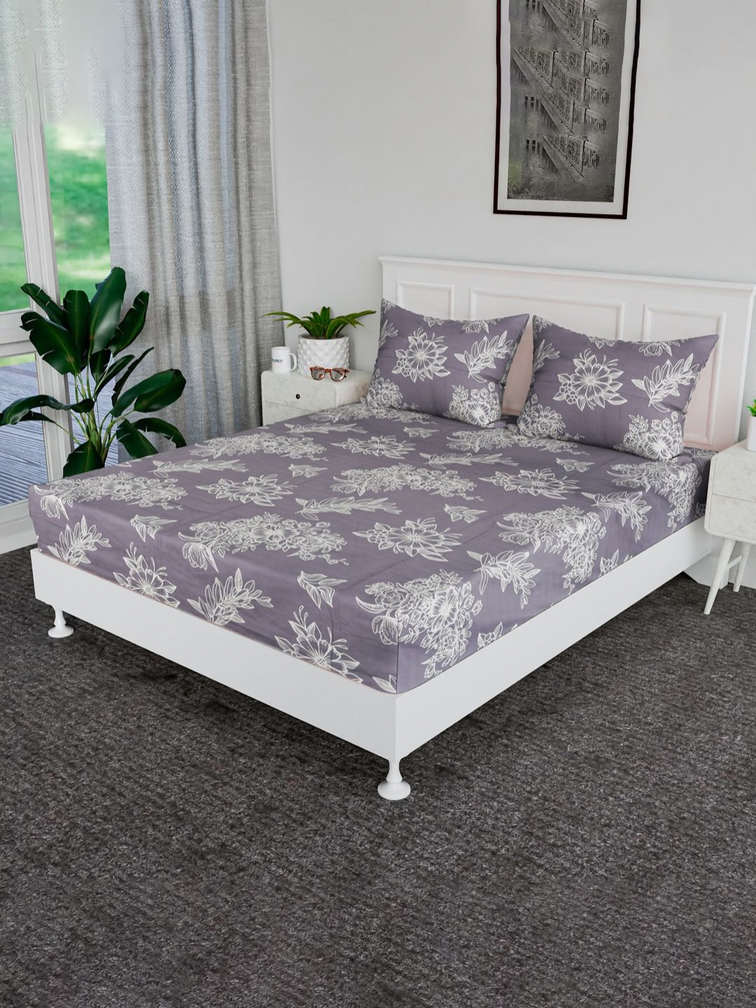RUBOXA Grey & White Floral Printed Cotton 144 TC King Size Bedsheet Set 2.29 m x 2.54 m