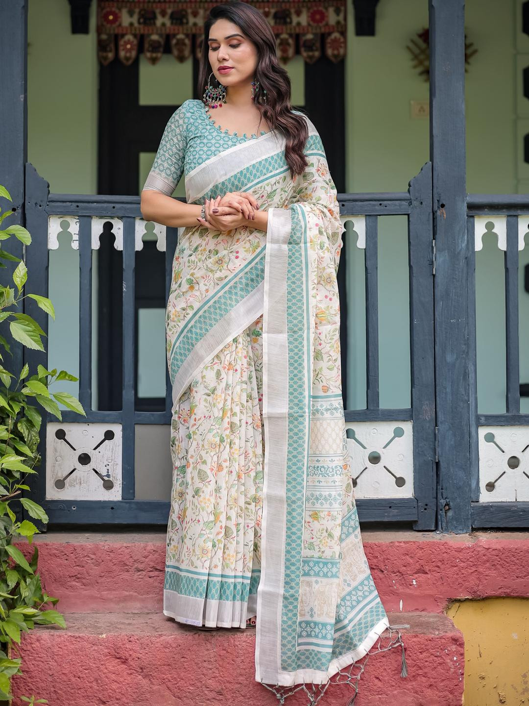 ZIRVI Printed Linen Blend Sarees