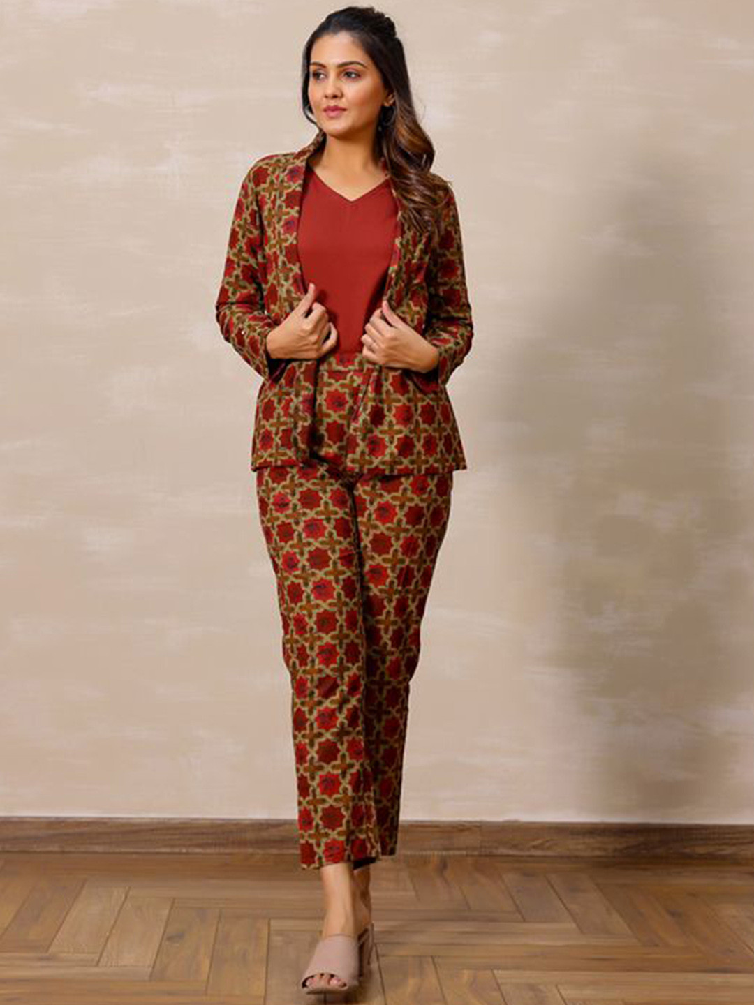 Vivika Ajrakh Print Cotton Blazer With Inner & Trousers Co-Ords
