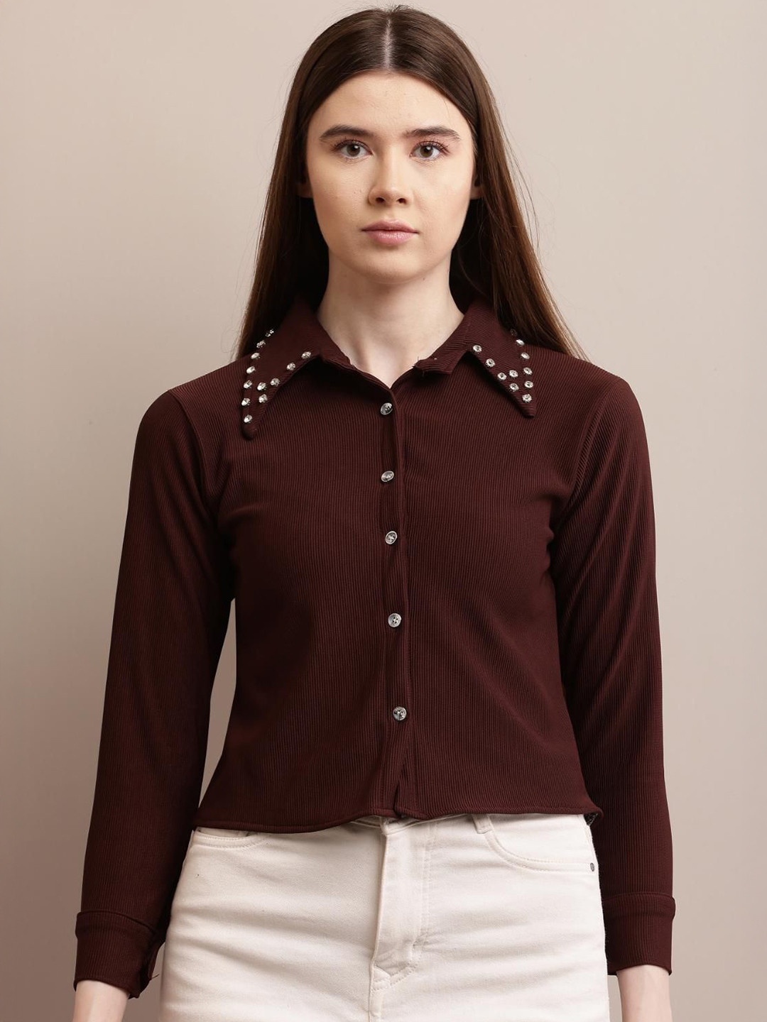 69 FASHION STREET Women New Slim Fit Vertical Striped Jewel Collar Casual Shirt